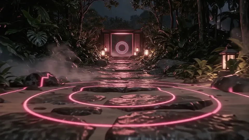 Caminho de pedras na margem, com anéis de luz rosa no chão