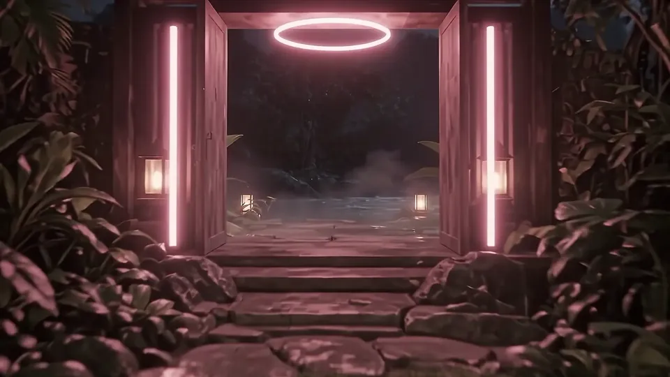 Porta de madeira aberta na mata, com luzes rosa nas laterais